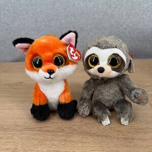 TY Beanie Boos Dangler Sloth Meadow Fox Toy LOT of 2 Small 6" VelveTy TySilk NEW
